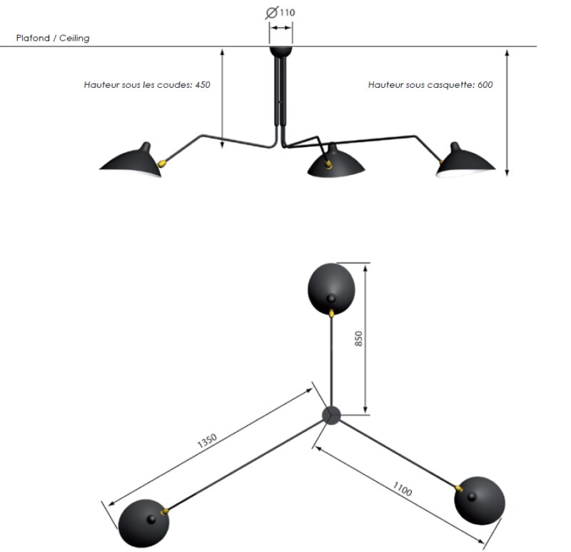 Serge Mouille Three-Arm Minimalism Ceiling Lamp